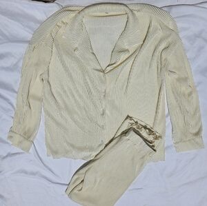 Cream Ribbed Button-Up Top and Pants Set 2x1